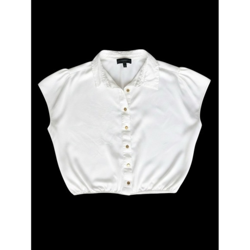 DONNA KARAN NEW YORK White Cap Sleeve Cropped Button Down Top Medium